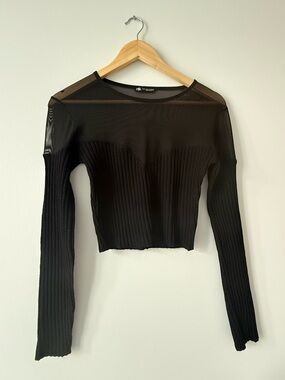 Zara Black Sheer Yoke Ribbed Long-Sleeve Crop Top (M)